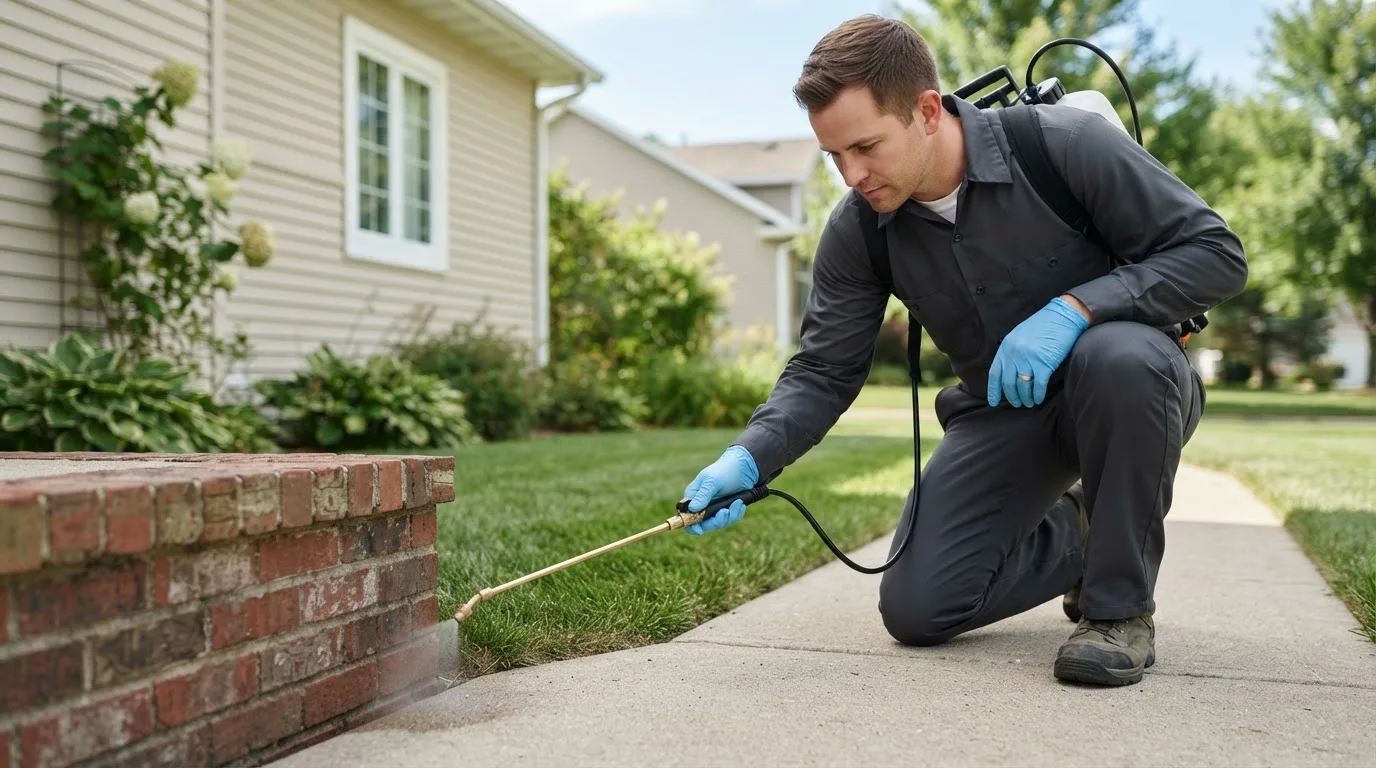 Pest control technician treating a home near Galesburg, ND